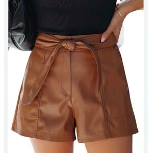 Cognac Vegan Faux Leather Tie High Waist Shorts Size 14 A New Day Versatile Chic